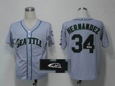 Seattle Mariners 34# Felix Hernandez Grey Throwback M&N MLB Jerseys(Signed)