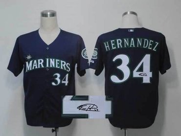 Seattle Mariners 34# Felix Hernandez Blue Throwback M&N MLB Jerseys(Signed)