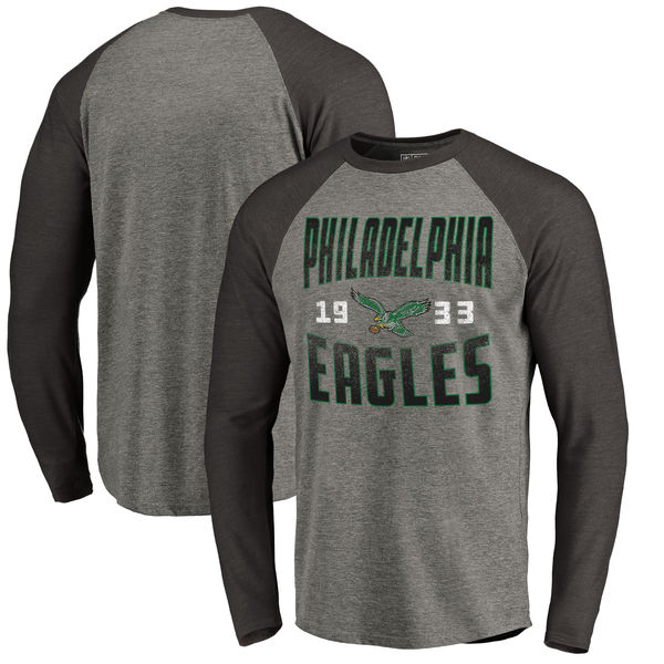 Philadelphia Eagles NFL Pro Line By Fanatics Branded Timeless Collection Antique Stack Long Sleeve Tri-Blend Raglan T-Shirt Ash