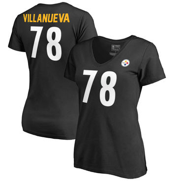 Women's Pittsburgh Steelers 78 Alejandro Villanueva NFL Pro Line By Fanatics Branded Black Authentic Stack Name Number V Neck T Shirt