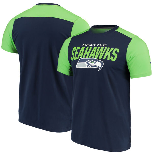 Seattle Seahawks NFL Pro Line By Fanatics Branded Iconic Color Blocked T-Shirt College NavyNeon Green