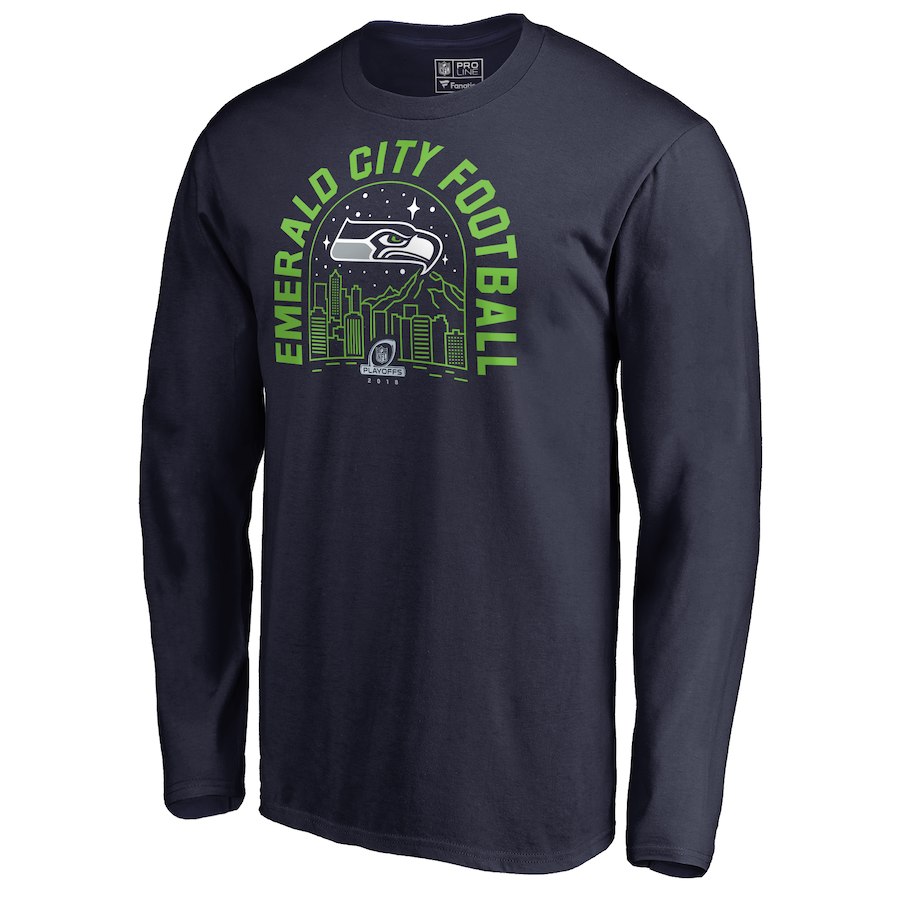 Seahawks Navy 2018 NFL Playoffs Emerald City Football Men's Long Sleeve T-Shirt