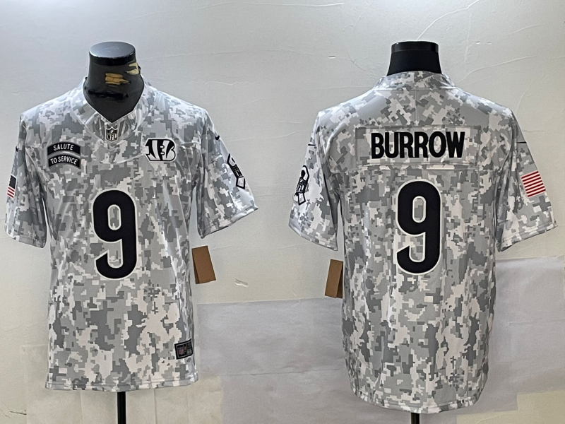 Men's Cincinnati Bengals #9 Joe Burrow 2024 F.U.S.E Arctic Camo Salute To Service Limited Stitched Football jerseys