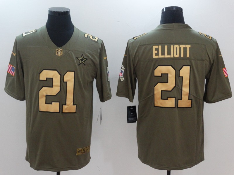 Nike Cowboys 21 Ezekiel Elliott Olive Gold Salute To Service Limited Jersey