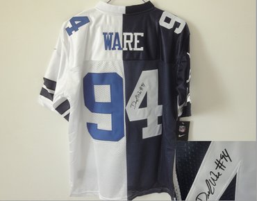 NEW Dallas Cowboys #94 DeMarcus Ware blue-white Jerseys(Elite Signed split)