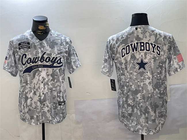 Men's Dallas Cowboys Team Big Logo 2024 Arctic Camo Salute To Service Stitched Baseball Jersey