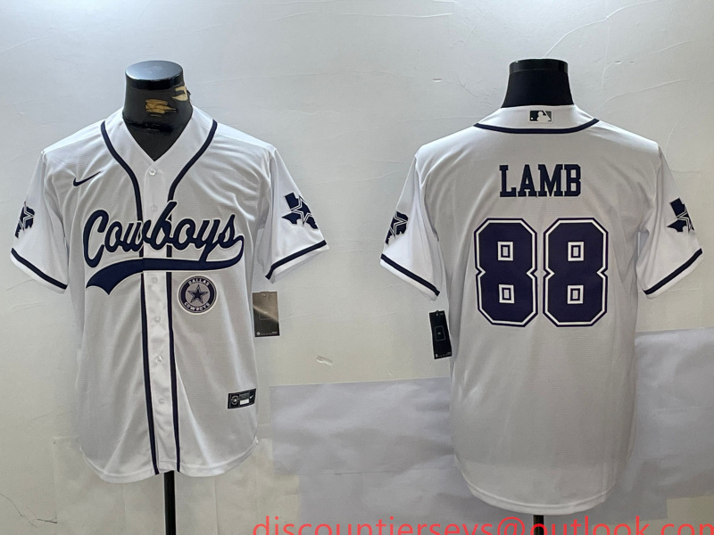 Men's Dallas Cowboys #88 CeeDee Lamb White With Patch Cool Base Stitched Baseball Jersey 7