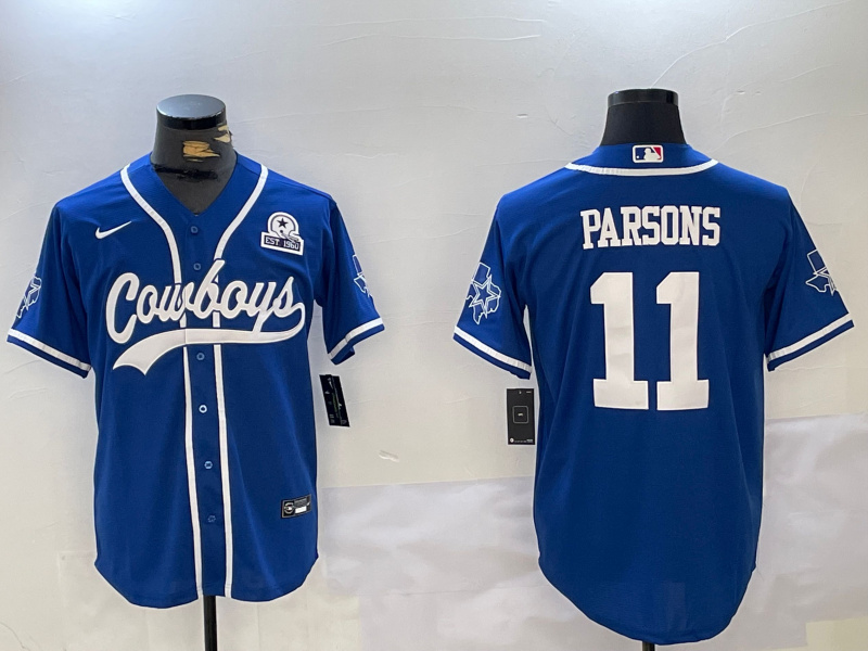 Men's Dallas Cowboys #11 Micah Parsons Royal With Patch Cool Base Stitched Baseball Jersey 2