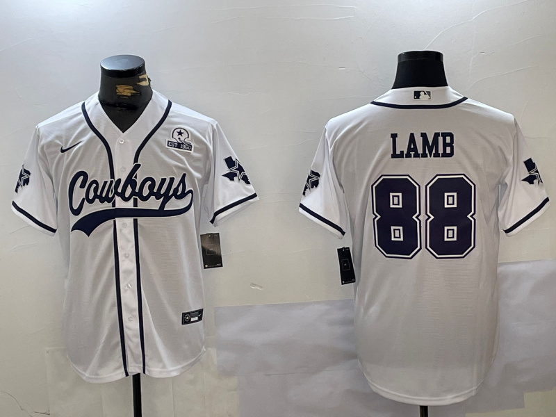 Men's Dallas Cowboys #88 CeeDee Lamb White With Patch Cool Base Stitched Baseball Jersey 5