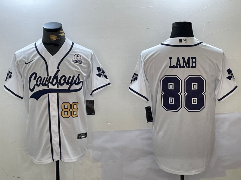 Men's Dallas Cowboys #88 CeeDee Lamb White With Patch Cool Base Stitched Baseball Jersey 3