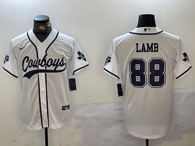 Men's Dallas Cowboys #88 CeeDee Lamb White With Patch Cool Base Stitched Baseball Jersey 2