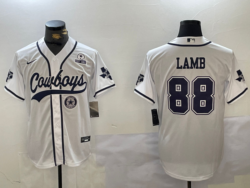 Men's Dallas Cowboys #88 CeeDee Lamb White With Patch Cool Base Stitched Baseball Jersey 1