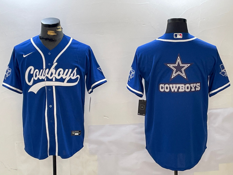 Men's Dallas Cowboys Big Logo Royal With Patch Cool Base Stitched Baseball Jersey 3