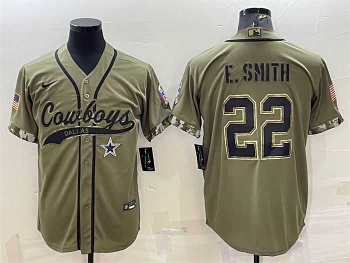 Men's Dallas Cowboys #22 Emmitt Smith 2022 Olive Salute To Service Cool Base Stitched Baseball Jersey