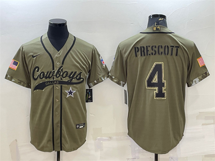 Men's Dallas Cowboys #4 Dak Prescott 2022 Olive Salute To Service Cool Base Stitched Baseball Jersey