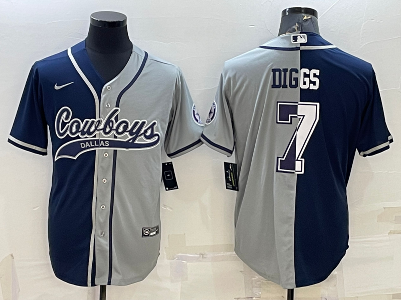 Men's Dallas Cowboys #7 Trevon Diggs Navy Grey Split With Patch Cool Base Stitched Baseball Jersey