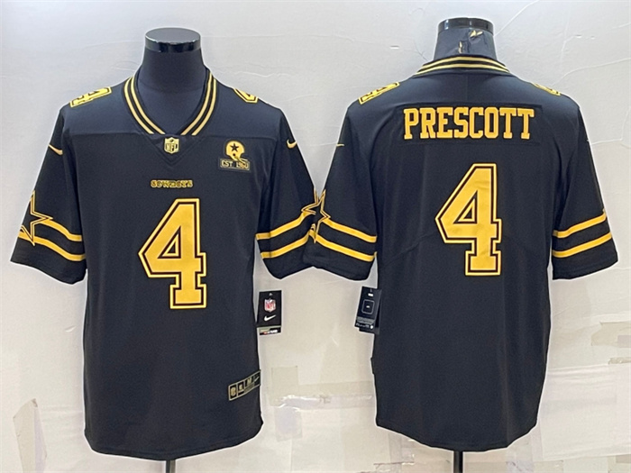 Men's Dallas Cowboys #4 Dak Prescott Black Gold Edition With 1960 Patch Limited Stitched Football Jersey