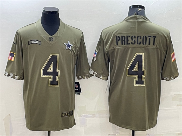 Men's Dallas Cowboys #4 Dak Prescott Olive 2022 Salute To Service Limited Stitched Jersey