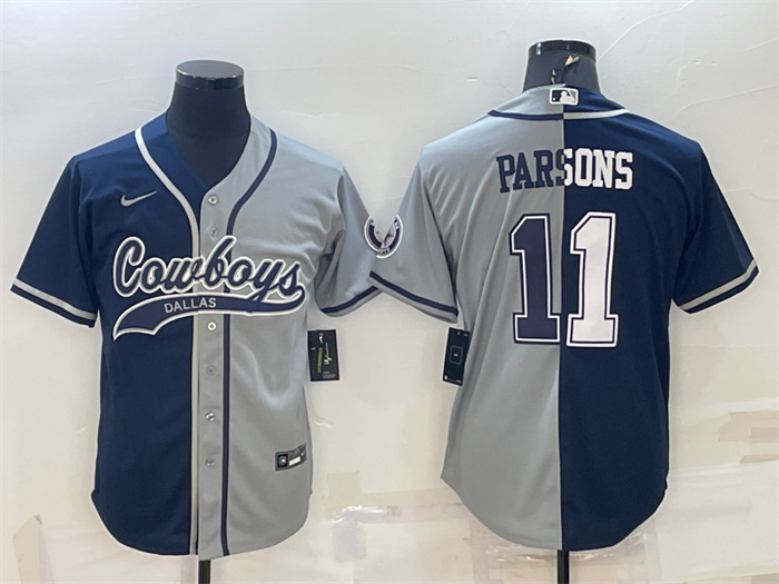 Men's Dallas Cowboys #11 Micah Parsons Navy Grey Split With Patch Cool Base Stitched Baseball Jersey