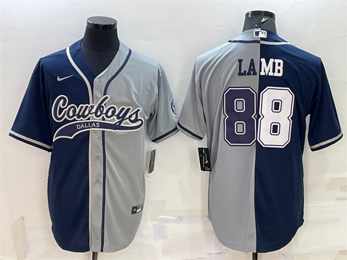 Men's Dallas Cowboys #88 CeeDee Lamb Navy Grey Split With Patch Cool Base Stitched Baseball Jersey