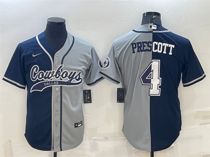 Men's Dallas Cowboys #4 Dak Prescott Navy Grey Split With Patch Cool Base Stitched Baseball Jersey