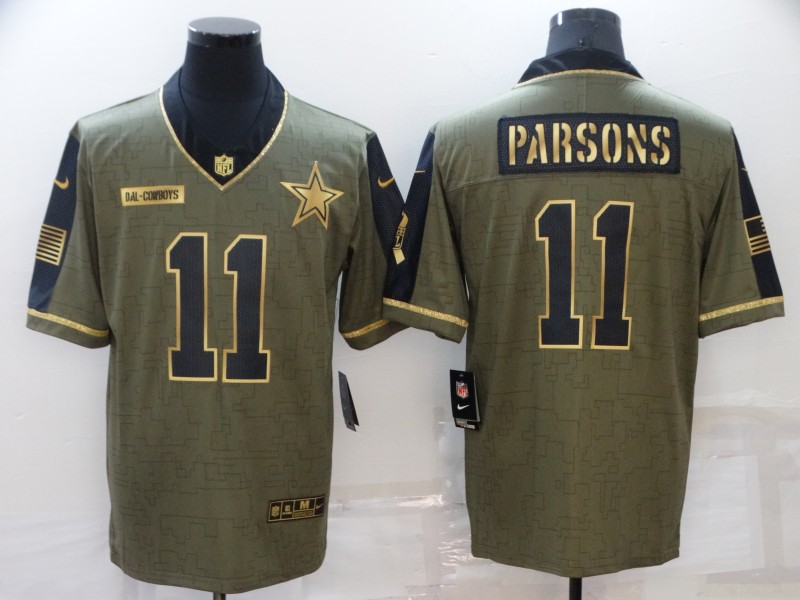 Men's Dallas Cowboys #11 Micah Parsons 2021 Olive Salute To Service Golden Limited Stitched Jersey