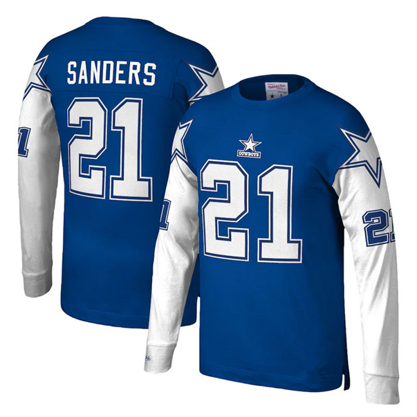 Men's Dallas Cowboys #21 Deion Sanders Royal Mitchell & Ness Throwback Long Sleeve Stitched Jersey