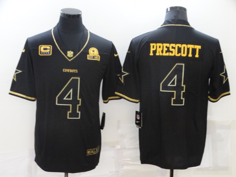 Men's Dallas Cowboys #4 Dak Prescott Black Golden With C Patch Edition Limited Stitched Jersey