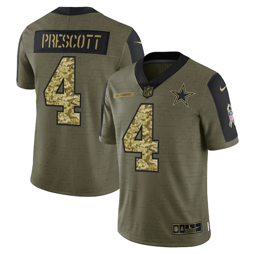 Men's Dallas Cowboys #4 Dak Prescott 2021 Olive Camo Salute To Service Limited Stitched Jersey