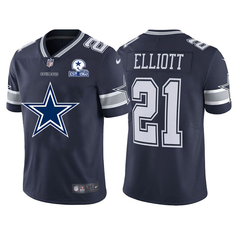 Dallas Cowboys #21 Ezekiel Elliott Navy Blue Men's Nike Big Team Logo With Established In 1960 Patch Vapor Limited NFL Jersey