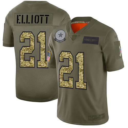 Cowboys #21 Ezekiel Elliott Olive Camo Men's Stitched Football Limited 2019 Salute To Service Jersey