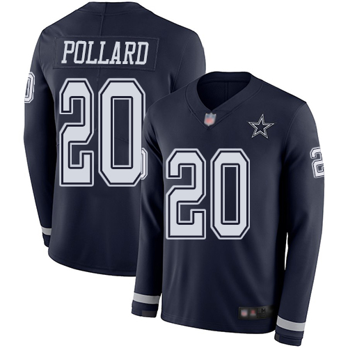 Men Dallas Cowboys #20 Tony Pollard Navy Blue Therma Long Sleeve Limited Jersey