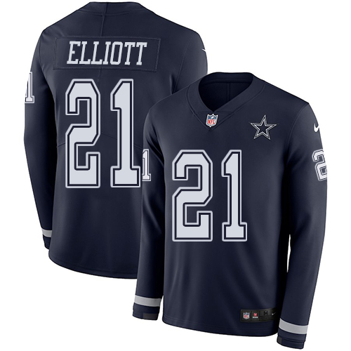 Nike Cowboys #21 Ezekiel Elliott Navy Blue Team Color Men's Stitched NFL Limited Therma Long Sleeve Jersey