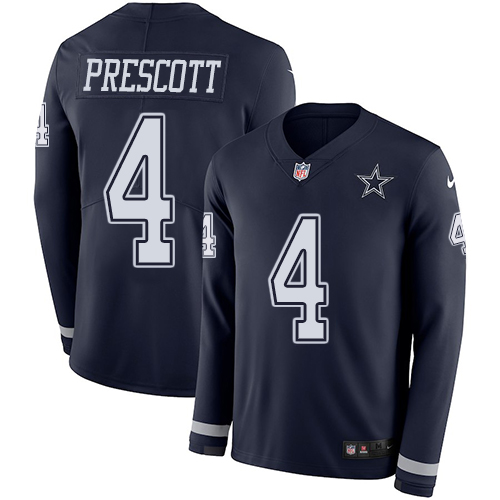 Nike Cowboys #4 Dak Prescott Navy Blue Team Color Men's Stitched NFL Limited Therma Long Sleeve Jersey