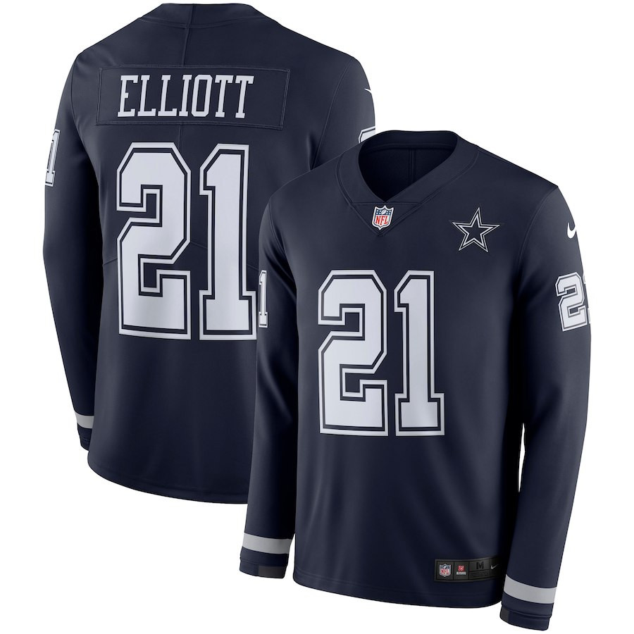 Nike Cowboys 21 Ezekiel Elliott Navy Therma Long Sleeve Jersey