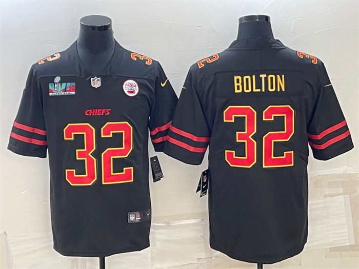 Men’s Kansas City Chiefs #32 Nick Bolton Black Red Gold Super Bowl LVII Patch Vapor Untouchable Limited Stitched Jersey